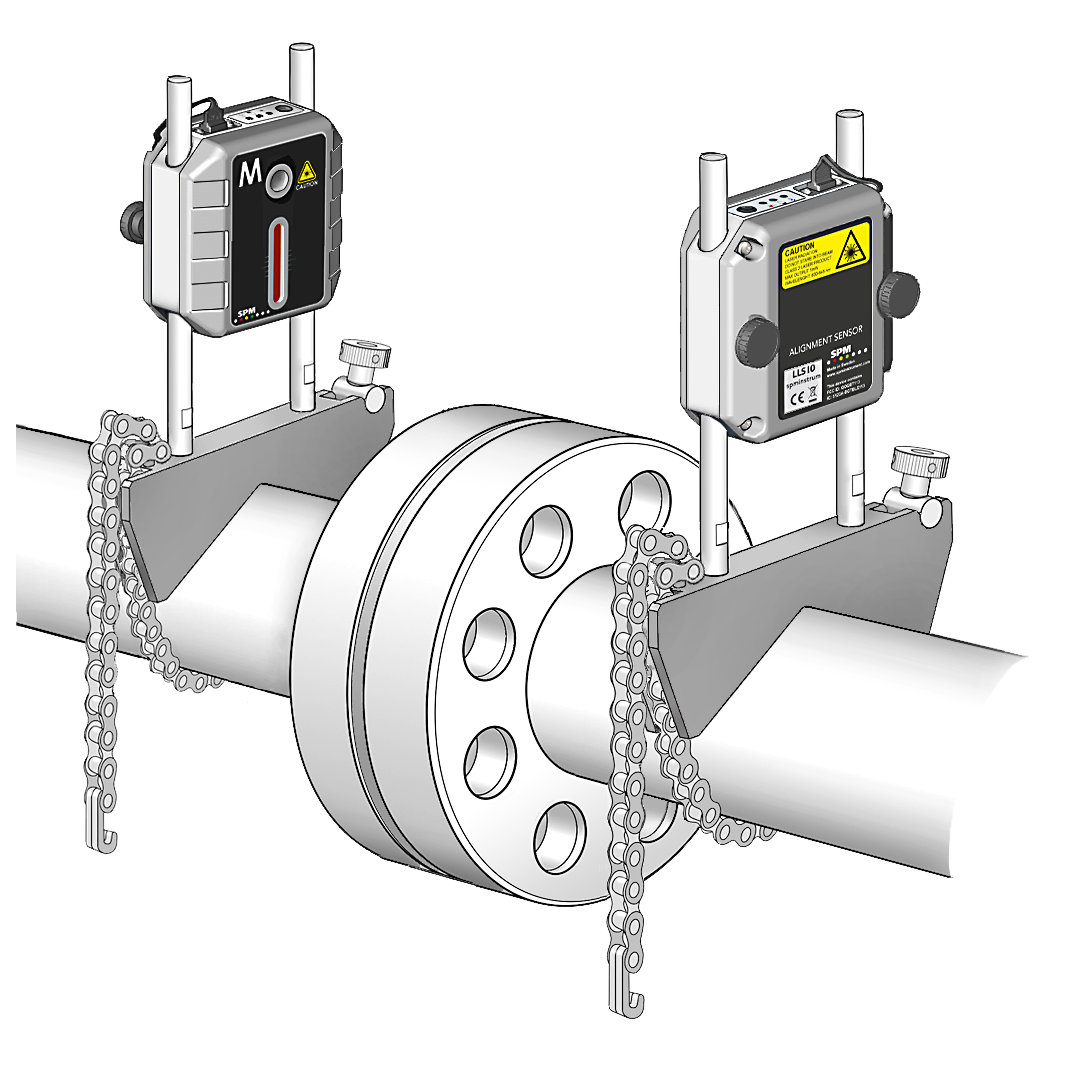 Two LineLazer alignment sensors facing each other mounted on the shaft on each side of a clutch